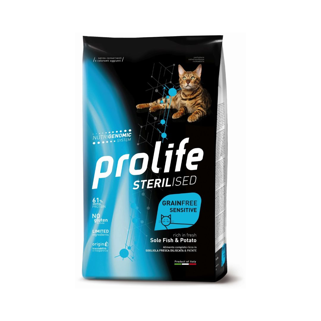 Crocchette per gatti Prolife Sterilised Grain Free Sogliola e Patate